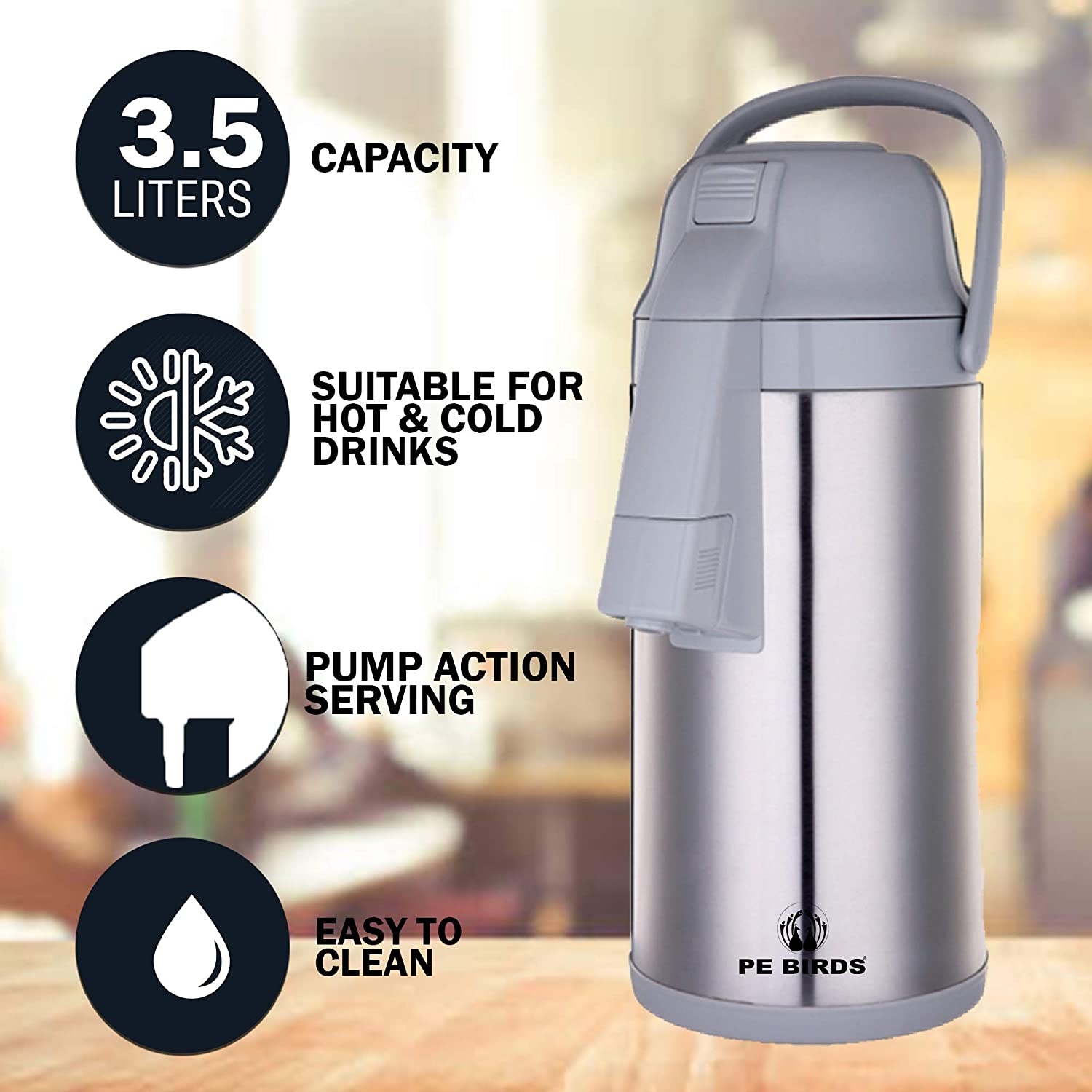 PE BIRDS Tea flask, Steel refill Grey Linear Airpot For Tea PE BIRDS steel refill grey Linear Airpot For Coffee/Tea 3500ml