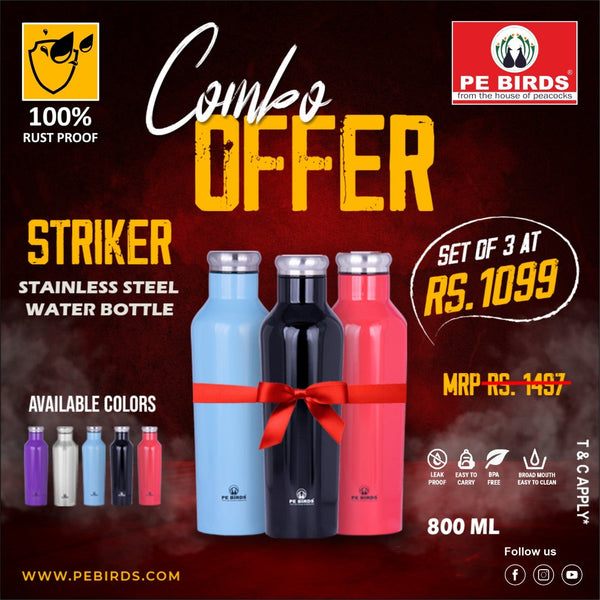 Striker Stainless Steel Combo Fridge Water Bottle/Refrigerator Bottle/ Pack of 3 800 ML