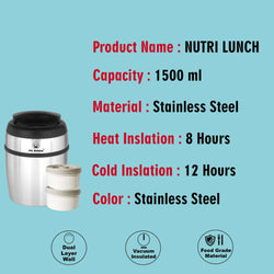 PE BIRDS Nutri Vacuum Lunch Box ,1500 ml 2 SS Microwavable Container FREE 3x Chopper + Tom 700ml Steel water bottle