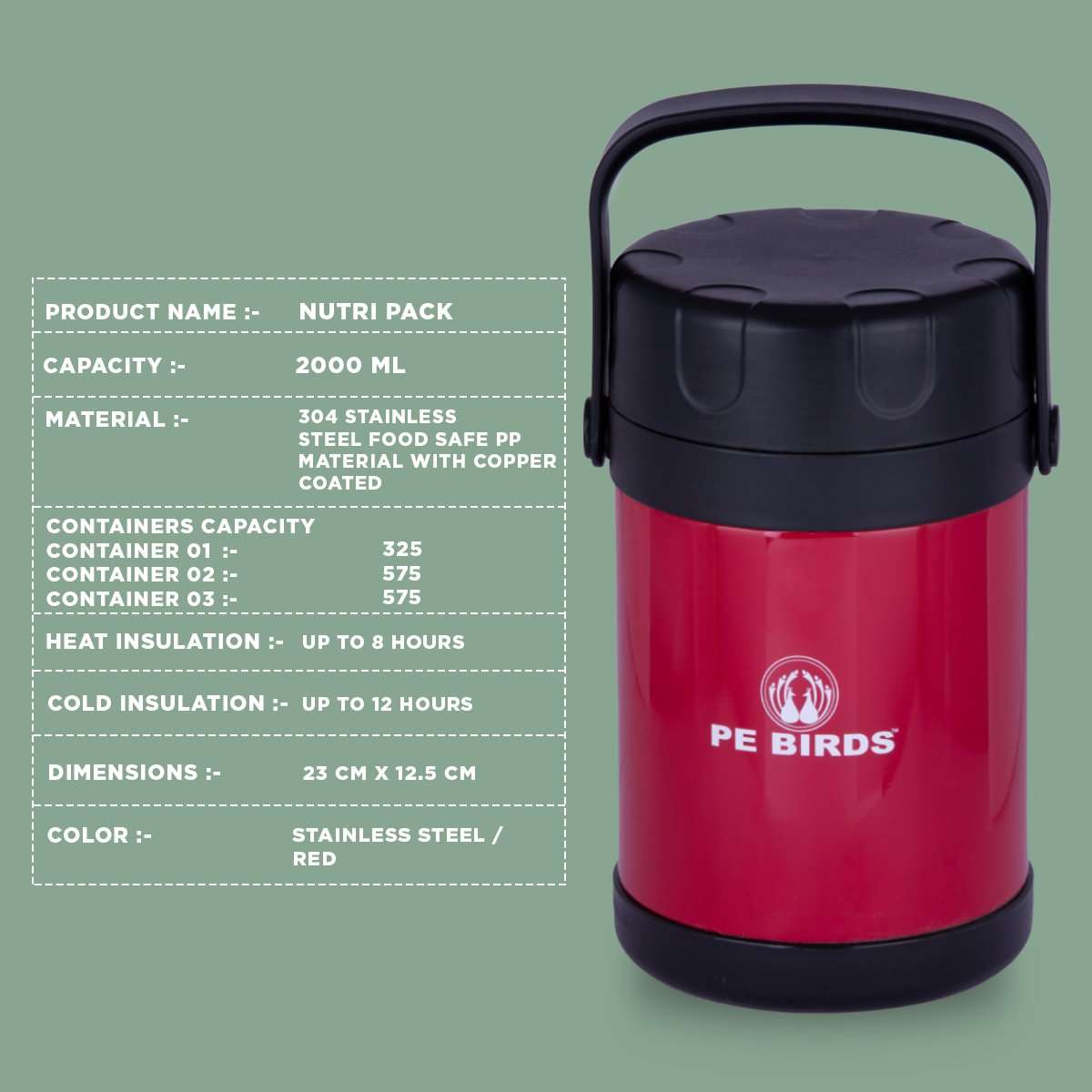 PE BIRDS Nutri Pack Vacuum Lunch Box, 2000 ml 3 SS Container + 3x Chopper + TOM water bottle 700ml FREE